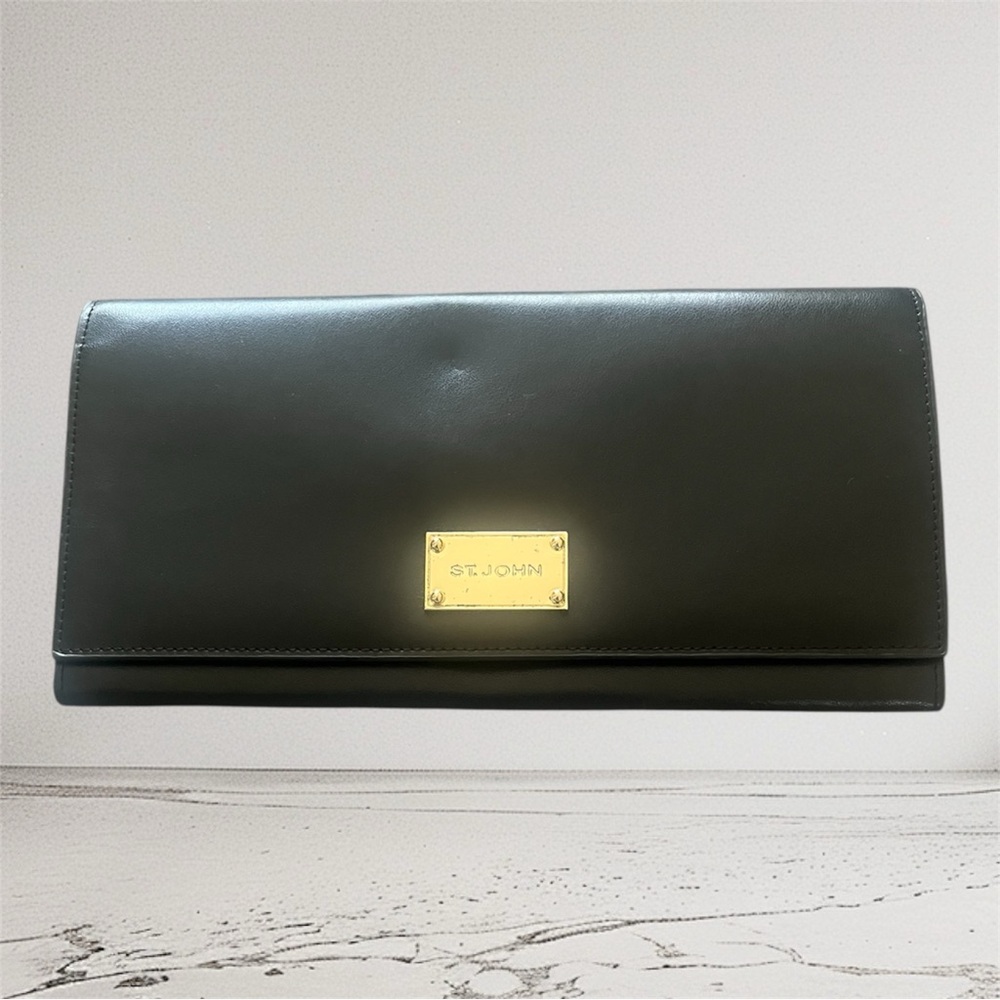 Vintage St. John Black Leather Clutch with Gold Plate